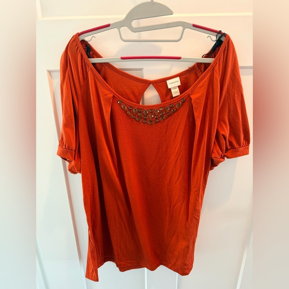 Venezia 26/28 Burnt Orange Embellished Top Plus Size Jewel Neck Shirt